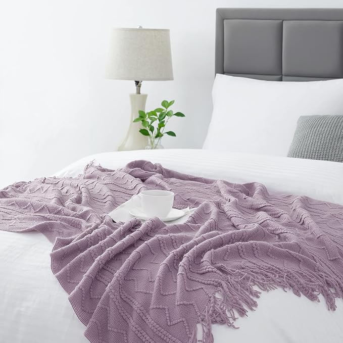 BOURINA Light Lavender Throw Blanket 50x60Inch Knit Soft Throw Sofa Blanket | Knitted Throw Blanket 50x60 Inches, Soft Lightweight Boho Weave Throw Decorative Couch Blanket for Living Room Bedroom Chair