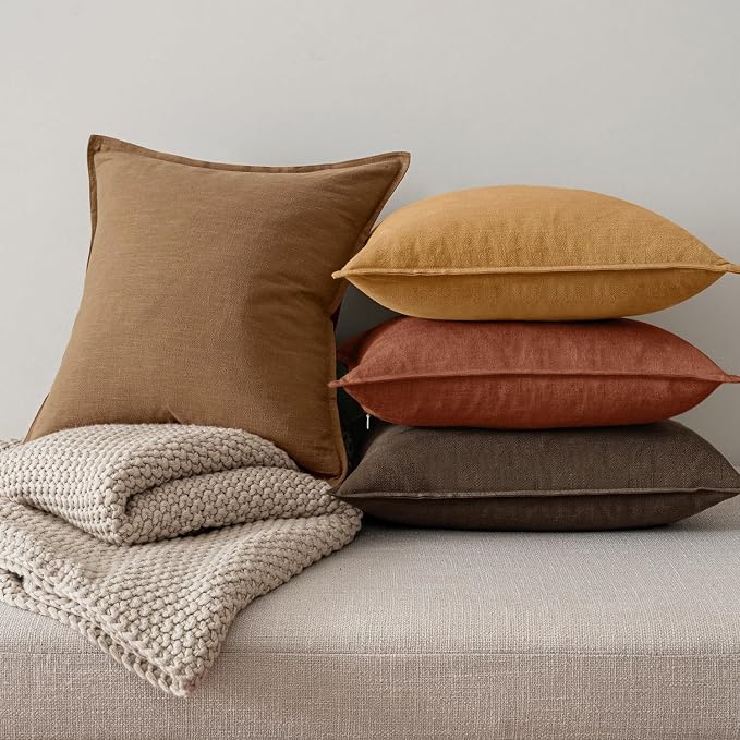 MIULEE Orange Boho Linen Decorative Pillow Covers 18x18 Inch Pack of 4 | Natural Fall Throw Pillow Covers, Soft Farmhouse Couch Pillowcases, Modern Decor for Living Room Bed Sofa