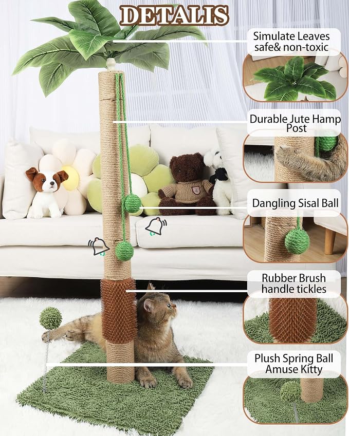 ANWA 35" Tall Simulated Cat Scratching Post with Self-Grooming Rubber Brush | Simulated Green Leaves, Natural Jute Cat Post, Scratch Post with Stable Base, Cat Furniture with Dangling Toys, Small Space