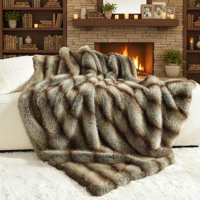 HORIMOTE HOME Luxury Faux Fur Throw Blanket for Couch, Non Shedding Reversible Striped Throw Blanket, 60x80 Inches Decorative Blankets for Bed, Brown Taupe Stripes