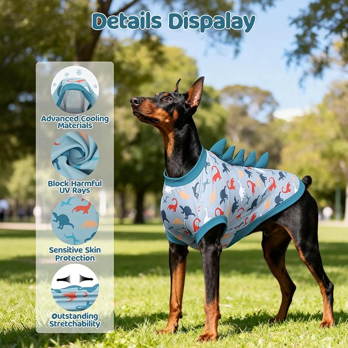 UPF 50+ Sun Protection Dog Shirt - Sleeveless Cooling Vest for Large Dogs Boy, Quick-Dry Pet T-Shirt with Funny Dinosaur Horns, UV Protective Breathable Dog Clothes U-COSBX05L