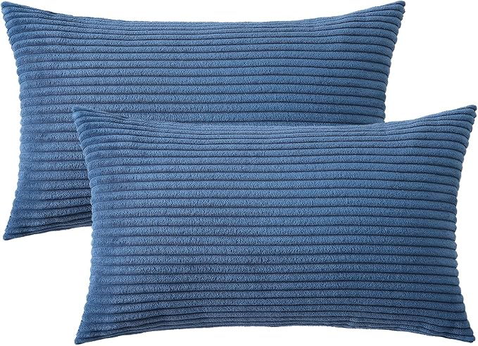Mecatny Corduroy Decorative Throw Pillow Covers 12x20 Set of 2 Navy Blue | Soft Striped Texture, Hidden Zipper Design, Neutral Boho Lumbar Pillow Cases for Sofa Couch Living Room Bedroom, Home Décor