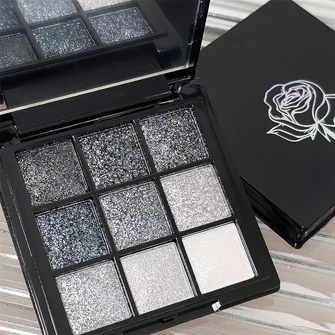 9 Colors Glitter Eyeshadow Palette, Black Silver Gray White Goth Shimmer Sparkly Eye Shadow Makeup Palette, Metallic Eyeshadow, Smokey Eye Glitter Makeup Sombras De Ojos
