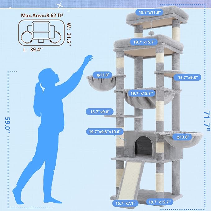 Hey-brother Cat Tree Tower with Extra Large Platform and Basket, MPJ080W | 71.7 Inches Scratching Posts with Specious Condo, 2 Cozy Hammocks, Scratch Board for Indoor Adult Cats, Maine Coon Light Gray