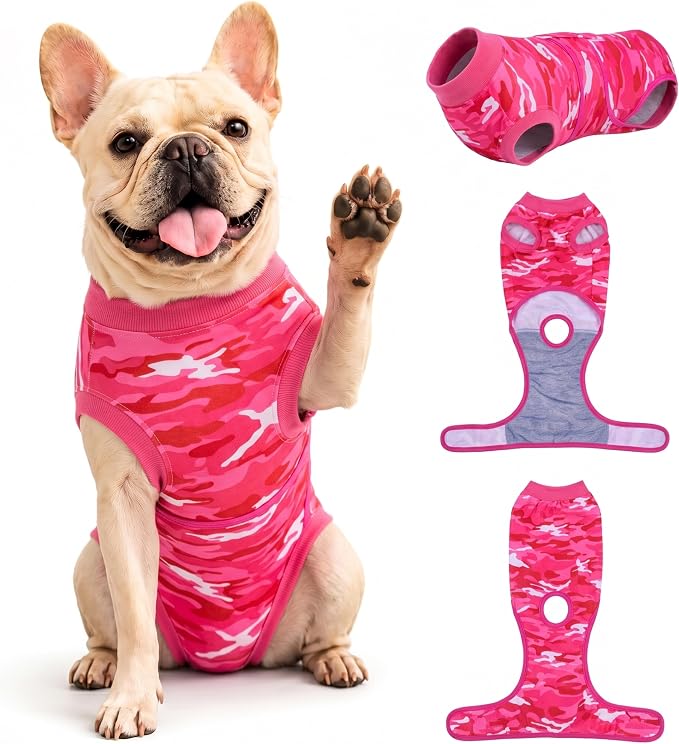 PetWarm Surgical Suit for Dogs, Pet Surgical Recovery Onesies Suit, Surgery Suit for Dogs, Professional Dog Abdominal Wounds Bandages, Camouflage Pattern, Pink, XS