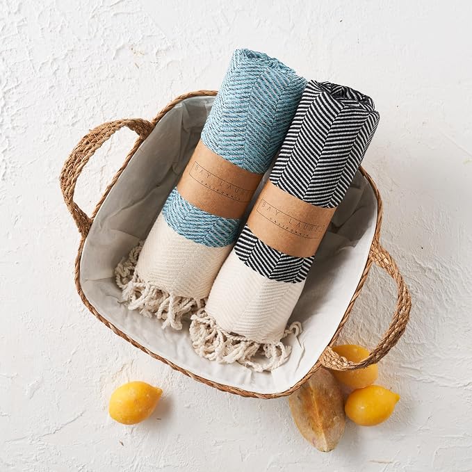 BAY LAUREL Turkish Hand Towel – Pack of 2 | Soft & Absorbent Decorative Towels for Bathroom, Hand, Face, Hair, Gym, Yoga, SPA, Kitchen & Tea (Turquoise, Herringbone 16x40 Inches (Set of 2)