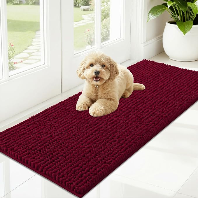 OLANLY Dog Door Mat for Muddy Paws 47x20, Extra Absorbent Chenille Mud Mat | Burgundy, Absorbs Moisture and Dirt, Non-Slip Machine Washable Doormat, Quick-Drying Indoor Entryway Floor Mat for Dogs