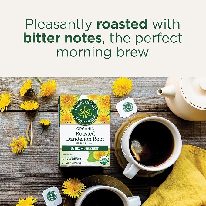 Traditional Medicinals Organic, Roasted, Dandelion Root Tea - Supports Normal Detox + Digestion - Kosher, Non-GMO, Caffeine-Free, Compostable - 16 Tea Bags, (Pack of 2)