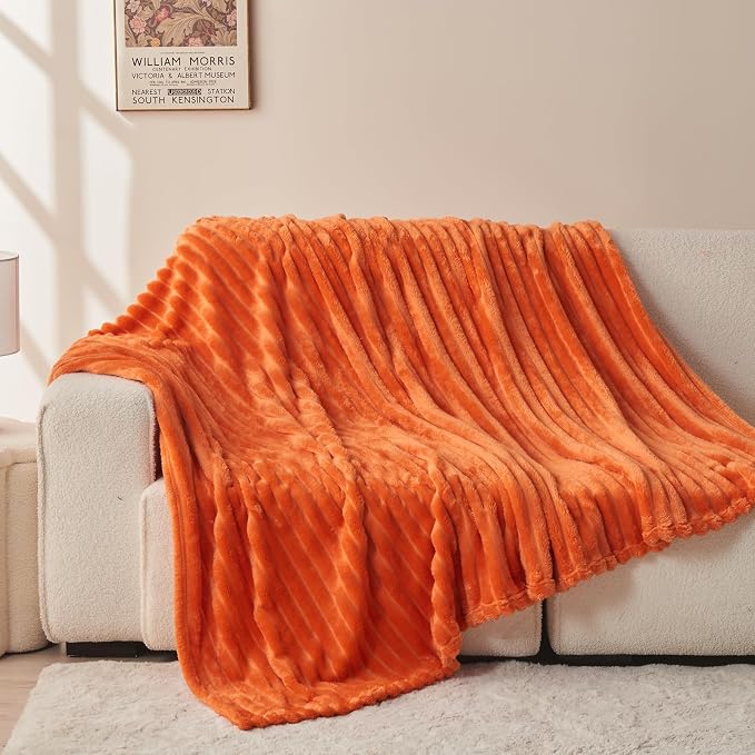 NEWCOSPLAY Fleece Ribbed Cozy Throw Blanket for Couch, Orange, 50"x60" | Premium Silky Flannel Blanket, Soft Lightweight Fluffy Throw Blanket for Bed Sofa Decor, Gift for All Season Use