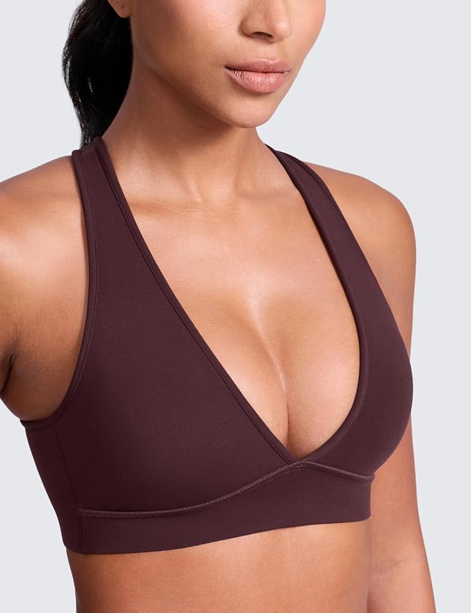 CRZ YOGA Butterlift Deep V Neck Sports Bras for Women - Padded Gym Wide Straps Cut-Out Cross Back Crop Pilates Workout Top