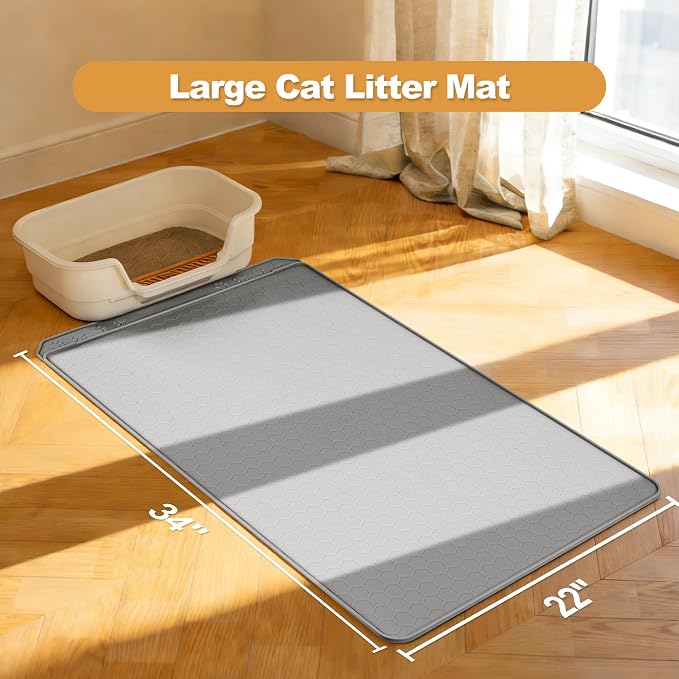 Extra Large Cat Litter Box Mat 34" x 22" – Waterproof Silicone Litter Trapper, Non-Slip, Easy to Clean Floor Protector, Soft on Kitty Paws(Light Grey)