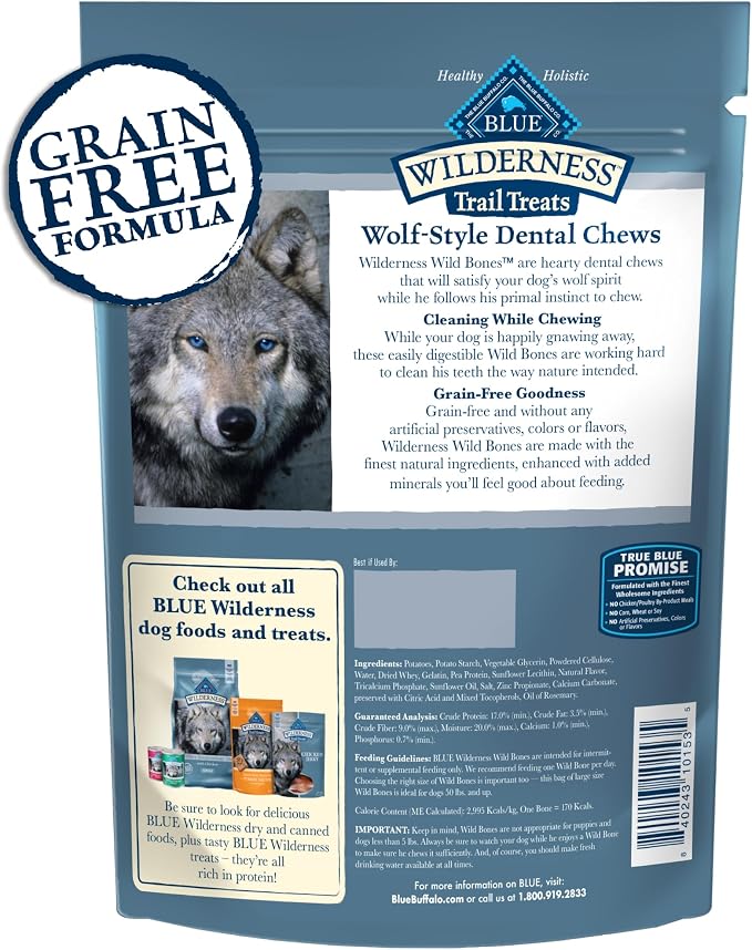 Blue Buffalo Wilderness Large Dog Dental Chews, Grain-Free, 10 oz | Reduces Tartar & Plaque, Freshens Breath, Sized for Dogs 50 lbs. and Up, No Artificial Preservatives