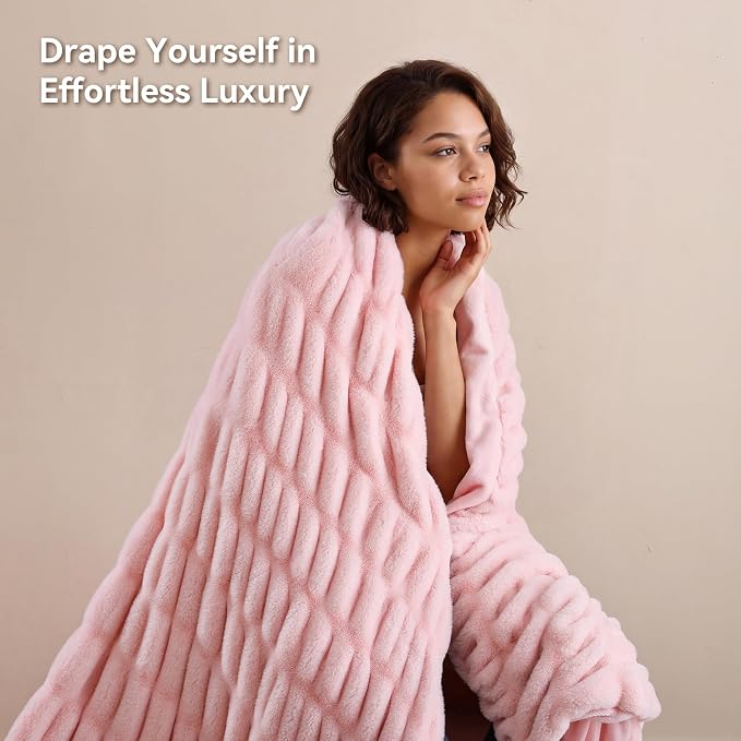Blush Pink Fluffy Blanket for Couch - Luxury Faux Rabbit Fur 60"x80" | Ultra Soft & Plush Comfort Ruched Blanket, Cozy Fuzzy Fleece Throw for Sofa, Bed & Office, Gift for Women, Pink Room Decor