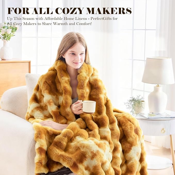 Faux Fur Throw Blanket for Couch, 1000 GSM Cozy Fuzzy Fluffy Soft Plush Thick Bubble Sherpa Blanket for Sofa Bedroom Living Room, Mothers Day Birthday Gifts for Women Home Decor