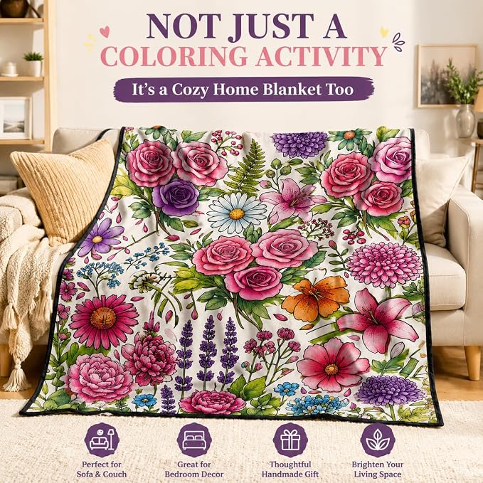 VEELU DIY Coloring Blankets with 24 Colors Markers for Adults | Custom Color In Your Own Blankets With 24 Colors Markers, Snuggle Color Sketch Washable Blankets Kit Home Decor