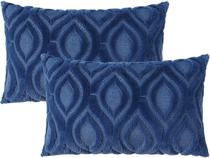 decorUhome Faux Fur Plush Soft Dark Blue Throw Pillow Covers 12x20 Set of 2 | Wool Solid Fall Couch Pillow Covers, Accent Modern Farmhouse Neutral Decorative Square Pillow Cases for Sofa Bed Living Room