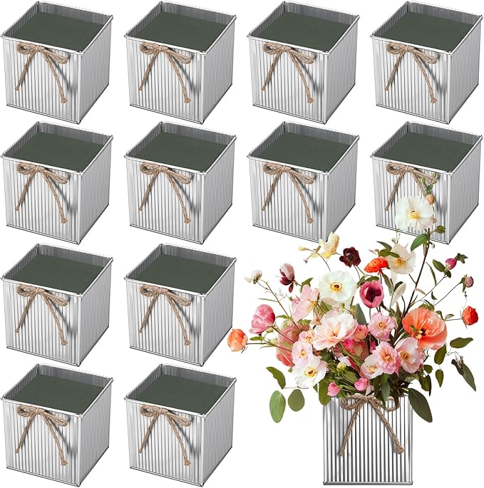 12 Pack Galvanized Square Vases with Floral Foam, 3.5 inch Waterproof Rustic Tin Buckets with Twine Bows, Mini Farmhouse Metal Planter Centerpieces for Wedding Party Table Decor(Silver)