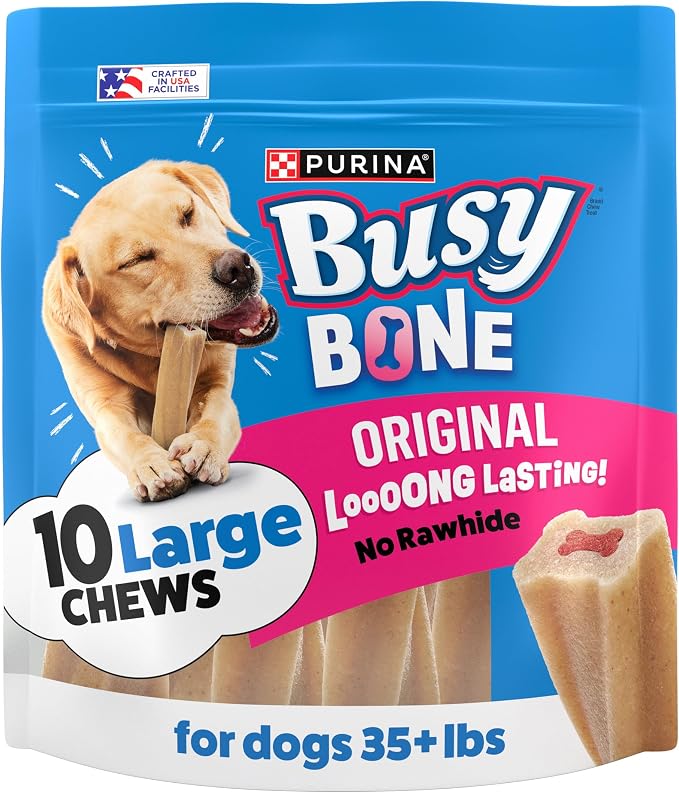 Purina Busy Bone Adult Large Dog Chew Treats, Original, 10 ct Pouch | Rawhide free chew with a real meat center for dogs 35+ lbs, long lasting chew that helps clean teeth