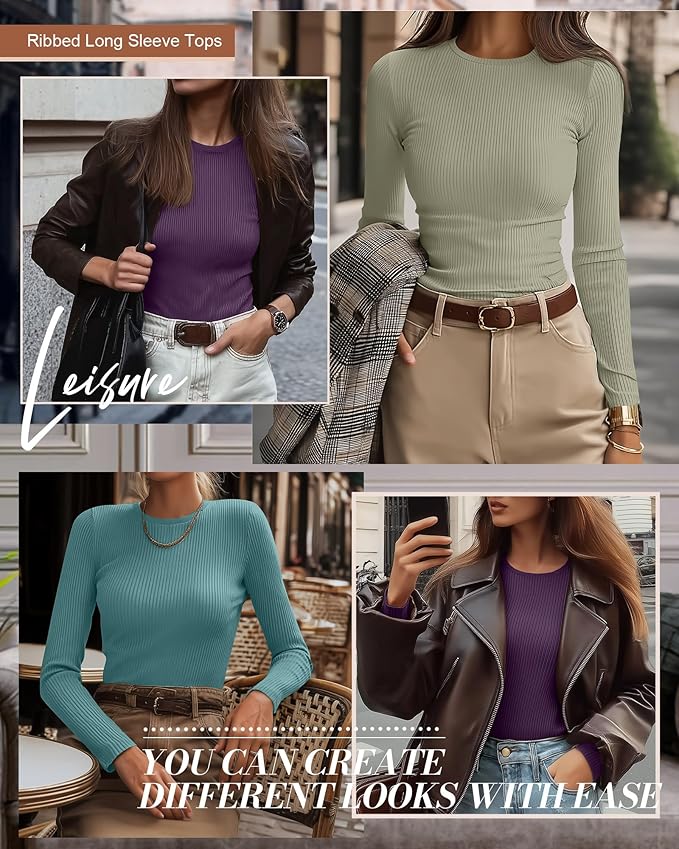 Ficerd 3 Pack Women's Ribbed Long Sleeve Tops, Crew Neck Slim Fit Undershirts Knit Basic Casual Stretch Layering Tee Shirts