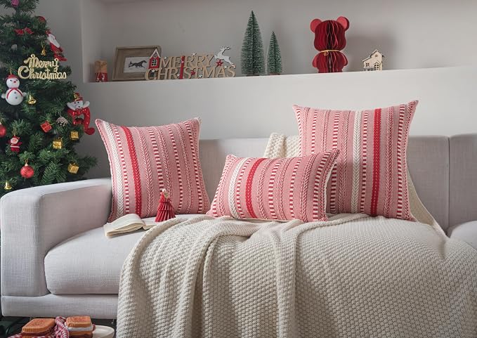 Cethom Christmas Pillow Covers 20x20 Inch Set of 2, Farmhouse Boho Christmas Decoration Couch Pillow Cases, Red Accent Pillows of Bed, Sofa Bedroom Living Room Home Decor Cushion Cover