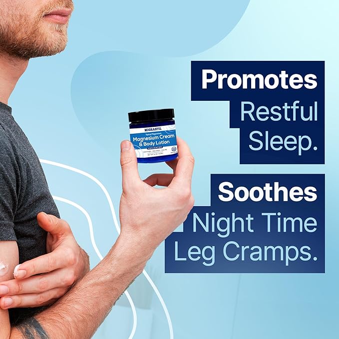 MIGRASTIL Topical Magnesium Cream & Body Lotion 4oz. - Promotes Sleep and Soothing Relief for Sore Muscles, Leg Cramps, Etc. Made in The USA.