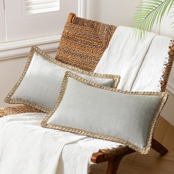 Phantoscope Pack of 2 Farmhouse Decorative Throw Decorative Pillow Cover Burlap Linen Trimmed Tailored Edges, Flax Gray, 12 x 20 inches, 30 x 50 cm