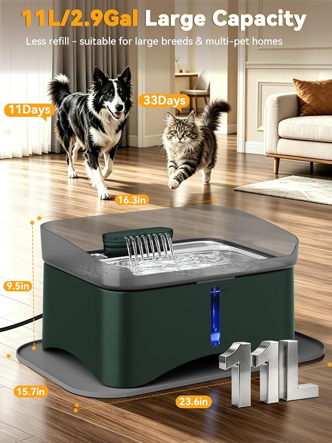 11L No-Spill Elevated Dog Water Fountain, 4 Heights Adjustable | Large Capacity, No-Splash, Anti-Slip Mat, 304 Stainless Steel Tray, 5-layer Filtration, for Senior/Large Dog & Multi-Pet Home