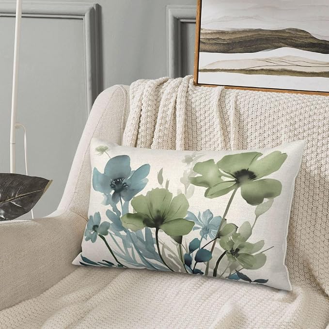 Floral Pillow Covers 12x20 Inches Set of 2 Sage Green Blue Floral Throw Pillow Covers Outdoor Spring Summer Flower Decoration Pillowcase Farmhouse Decorative Lumbar Cushion Cover For Home Sofa