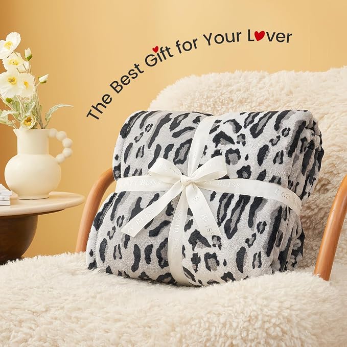 Cozy Bliss Leopard Print Fuzzy Throw Blanket for Bed & Couch, Thick Soft Warm Fleece Blankets for Room Decor, for Girls Kids Women Men, Snow Leopard, Grey 60"*80"