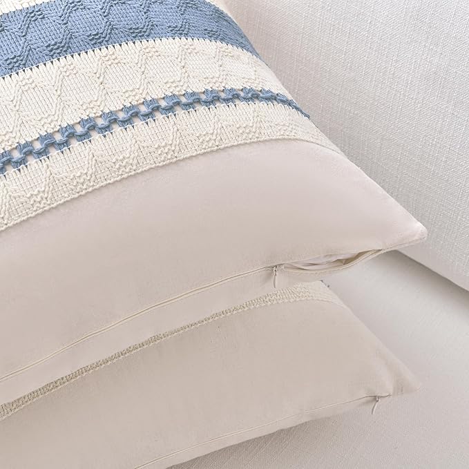 Fancy Homi Set of 1 Boho Light Blue Decorative Throw Pillow Cover 18x18 Inch for Couch Bed Sofa, Aesthetic Modern Organic Farmhouse Home Decor, Soft Cotton Cute Accent Macrame Woven Cushion Case