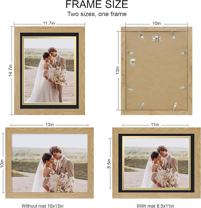 Hongkee 10x13 Picture Frame Set of 4, Made of Real Glass and Natural Oak Frame, 10 by 13 Photo for Wall or Tabletop - Display Picture 8.5x10 with Mat or 10x13 Without Mat