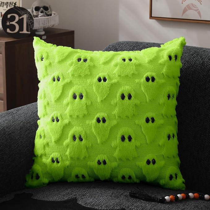 DFXSZ Halloween Pillow Covers 16x16 inch 2Pcs Green Ghost Halloween Decor | Halloween Decorations Set of 2 Throw Pillow Cases Plush Faux Fur Wool Cushion for Chair Sofa Bedroom Living Room Home Decor