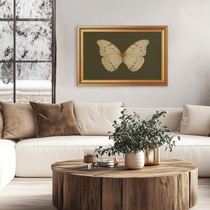 JLTULT Gold Framed Butterfly Wall Art, Dark Green Canvas, 16 x 24 Inches | Ivory butterfly art on fade-resistant dark green canvas with a ready-to-hang gold-tone PS frame for bedrooms and offices