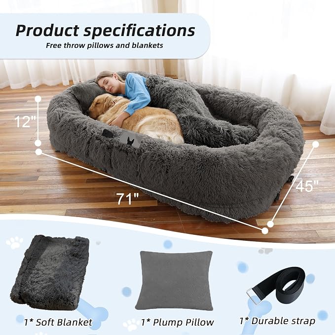 WROS Human Dog Bed for Adult, 71"x45"x12" Giant Calming Nest Bed, Dark Grey | Washable Soft Faux Fur Cover, Orthopedic Foam Support, Non-slip Bottom, Includes Blanket, Strap & Pillow