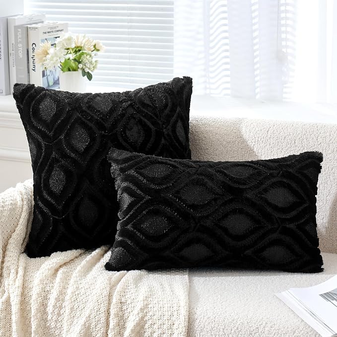 MIULEE Halloween Black Soft Plush Faux Wool Throw Pillow Covers 18x18 | Set of 2, Farmhouse Boho Home Decor, Decorative Cushion Covers for Sofa, Living Room, Bed