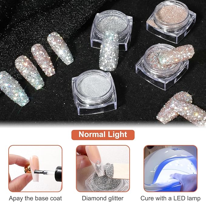 4PCS Diamond Dust Glitter, Sparkling Nail Powder for Crafts, 4 Colors Korean Gel Nail Polish, Holographic & Translucent Setting Powder Kit for Nails Art Supplies Party Wedding