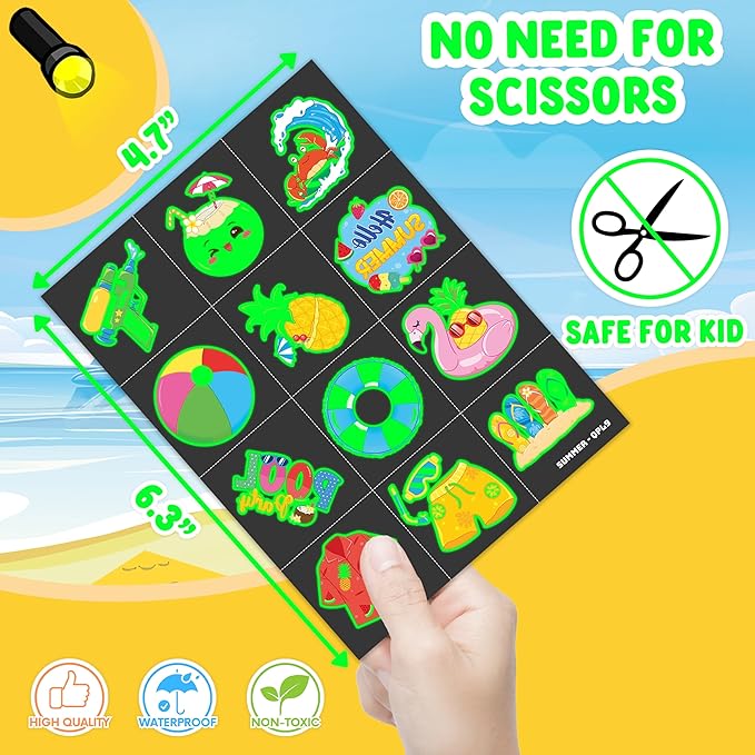 96 PCS Hello Summer Beach Pool Hawaiian Pre-Cut Luminous Glow in the dark Temporary Tattoos for Kids | Super Cute Themed Birthday Party Favors Supplies Decorations, Fake Tattoos Gifts for Boys Girls