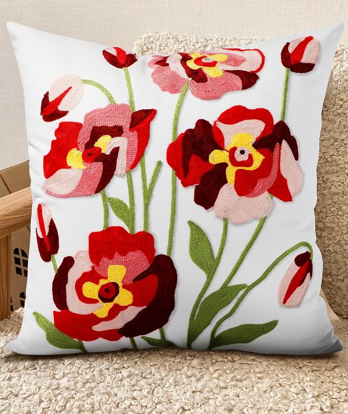 Embroidered Throw Pillow Cover - 18x18 Decorative Pillow Cover with Zipper Aesthetic Cute Design Boho Spring Summer Cozy Throw Pillowcase for Living Room Couch Sofa Bed, Rose Flowers