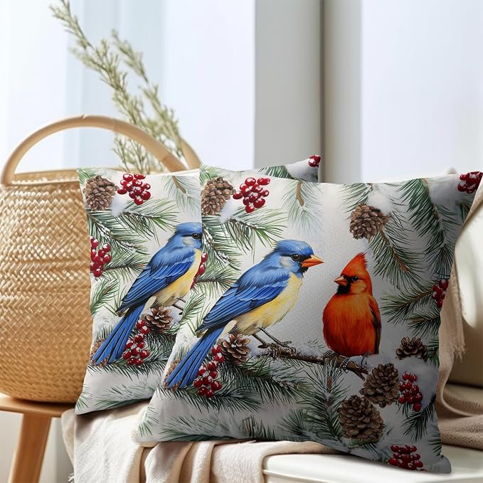 Kawani Pine Needles Birds Pillow Covers Set of 2, Xmas Pinecone Berry Branch Bird Cotton Linen Decorative Pillowcases Cushion Case for Couch Sofa Home Winter Holiday Decor 22x22 Inch
