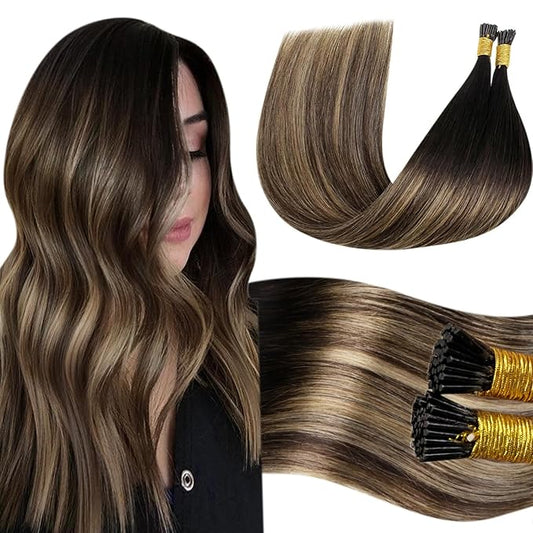 LaaVoo I Tip Hair Extensions Human Hair Balayage Natural Black Balayage Medium Brown Ombre Caramel Brown Itip Human Hair Extensions Short Hair 40g 14in 80s