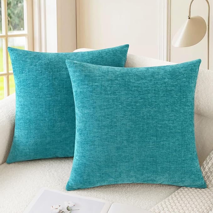 CaliTime Decorative Couch Throw Pillow Covers 26 X 26 Inches Lake Blue | Pack of 2, Cozy Chenille Cushion Cases for Sofa Bed Living Room Farmhouse Home