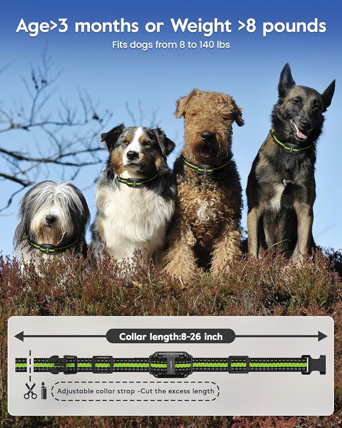 SLOPEHILL Dog Training Collar,4200FT Remote Shock Collar for Dogs 8-140lbs | IP68 Waterproof e Collar with Beep, Vibration, Safe Shock, Light ,No Shock Modes,Dog Collar with Removable Prongs,Green