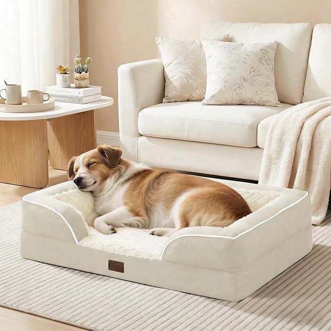 Waterproof Orthopedic Dog Bed for Medium Dogs, 35x22in, Beige | Orthopedic Foam Eases Joint Pressure, Bolsters Supports Head And Neck, Washable Pet Beds, Removable Cover, Non-Slip Bottom