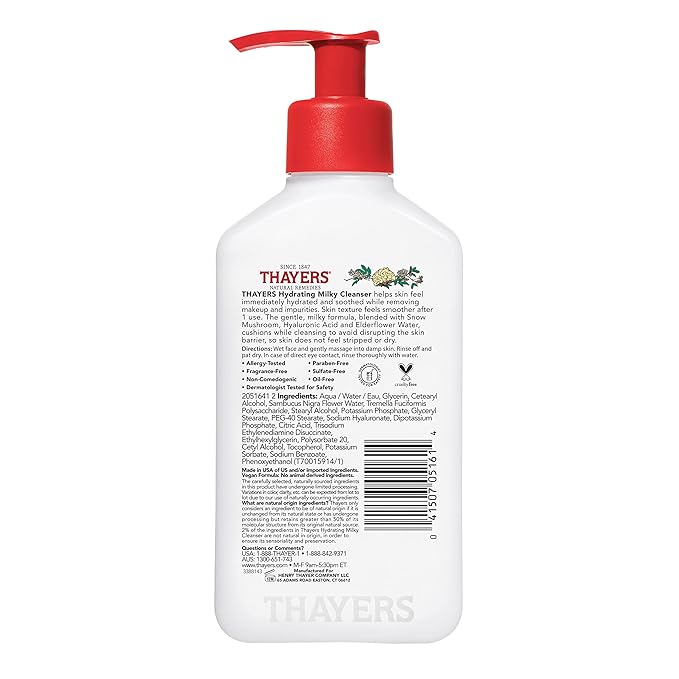 Thayers Milky Hydrating Face Cleanser with Snow Mushroom and Hyaluronic Acid, Dermatologist Recommended Gentle Facial Wash and Hydrating Skincare for Dry and Sensitive Skin, Paraben Free, 8 Fl Oz