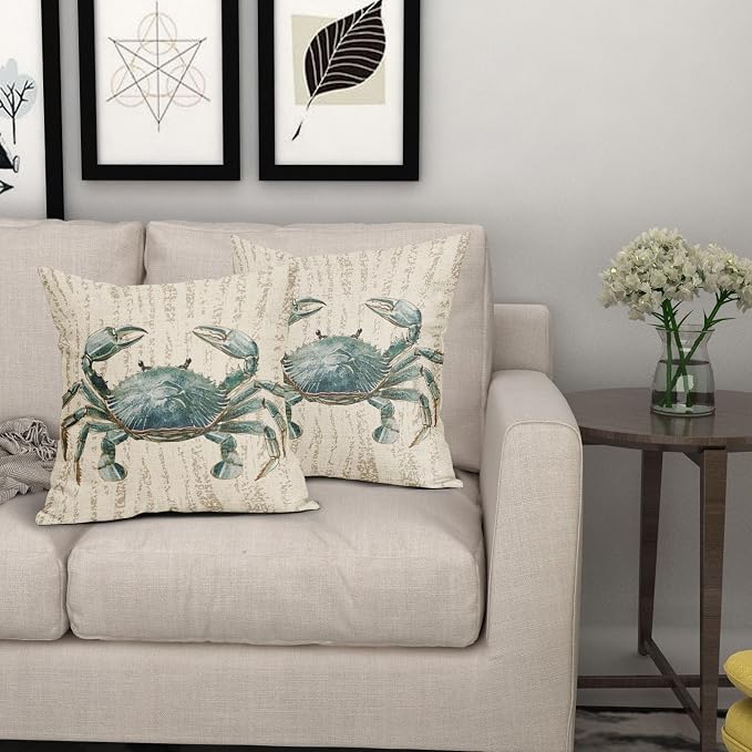 Summer Sea Crab Nautical Pillow Covers 18x18 Inch Set of 2 Coastal Ocean Coral Beach Blue Throw Pillow Cases Outdoor Linen Square Cushion Cover Farmhouse Decor for Bedroom Home Sofa Couch Bed