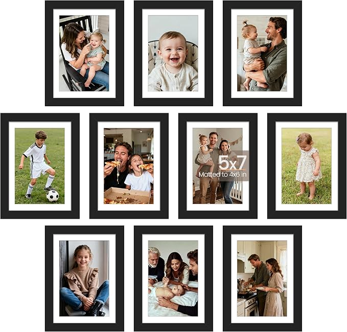 upsimples 5x7 Picture Frame, Photo Collage Wall Decor Set of 10, Black | Small Frame Fit 4x6 and 5 x 7 Photos, Wall or Tabletop Display, For Gallery Hallway Living Room, For Christmas Mother's Day
