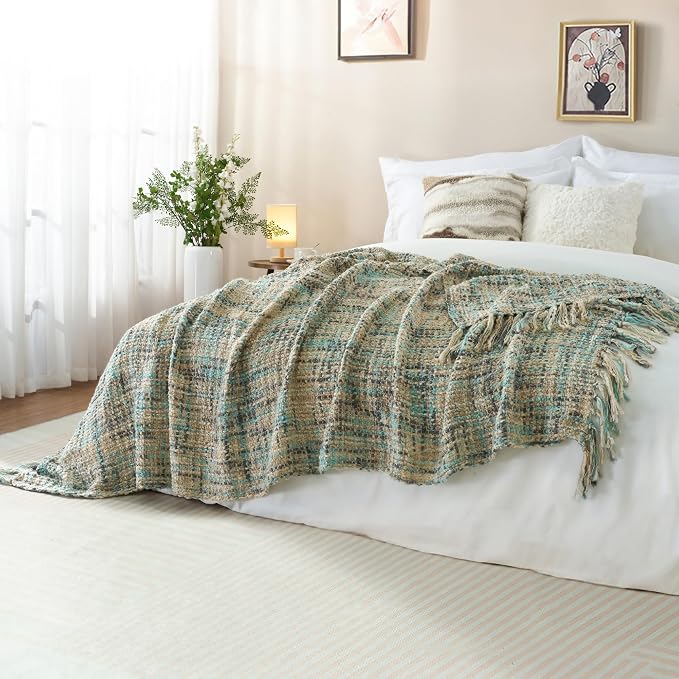 Multi-Color Cable Woven Throw Blanket for Couch - 50"X60" | Multicolored Boho Style,Super Soft Warm Cozy Chunky Blankets with Decorative Tassels for Bed and Sofa,Blue Grey