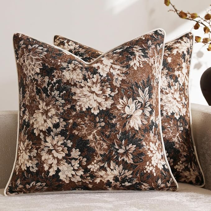 Pack of 2 Vintage Floral Throw Pillow Covers 22x22 Boho Farmhouse Accents Chenille Square Decorative Pillow Cases for Living Room Couch Bed Home Decor, Dark Brown