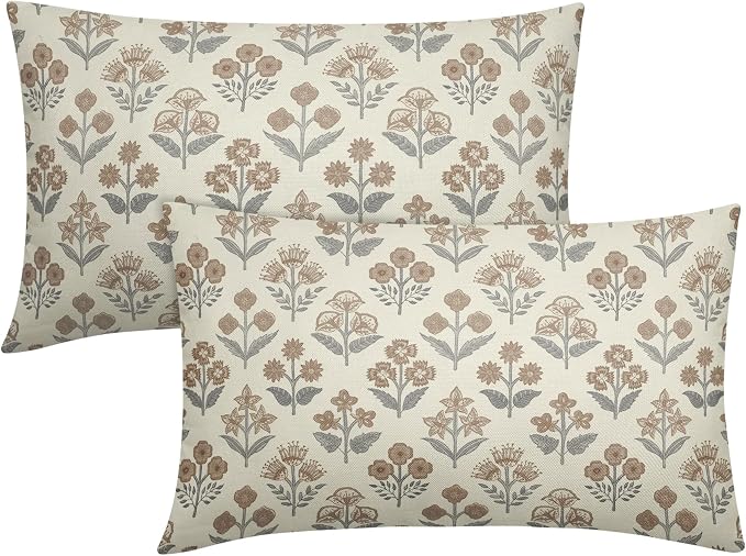 Brown Grey Gray Floral Pillow Covers 12x20 Inch Set of 2, Block Print Lumbar Flower Cream Decorative Throw Pillowcases Outdoor Farmhouse Rectangle Cushion Covers Spring Summer Sofa Couch Bed Decor