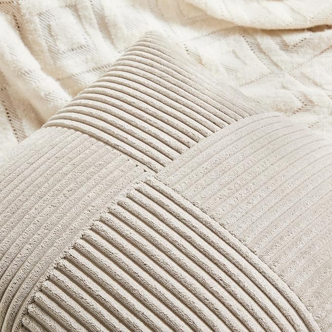 Fancy Homi Neutral Taupe Long Lumbar Decorative Throw Pillow Covers 16x24 Inch for Couch Bed, Rustic Farmhouse Boho Home Decor, Soft Striped Corduroy Rectangle Accent Cushion Case 40x60 cm